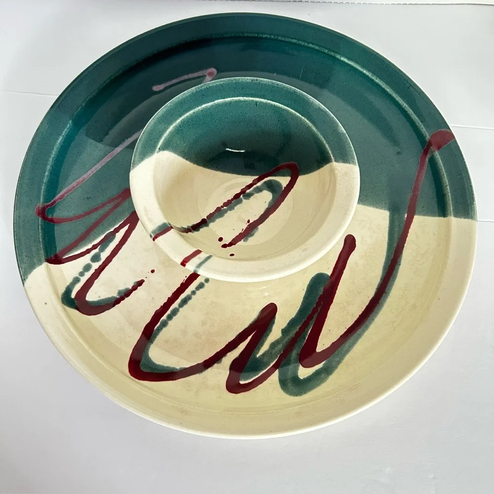 Chips and Salsa ArtisanStudio Pottery Serving Dish Jade Green Cream and Burgundy
